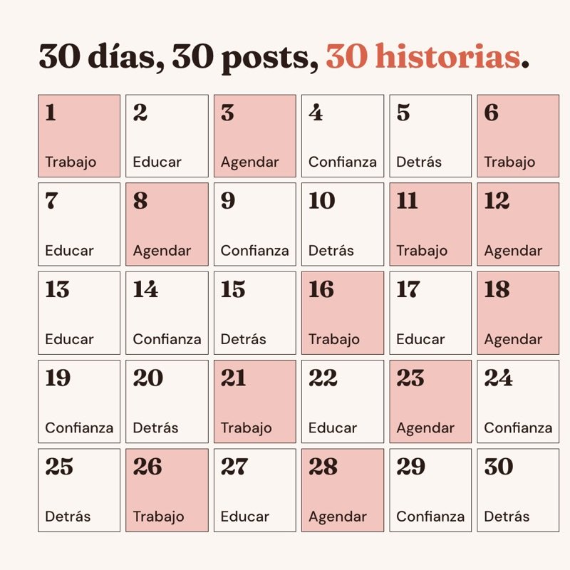 Calendario de Tu Mes de Posts: 30 días con un tipo de publicación por día